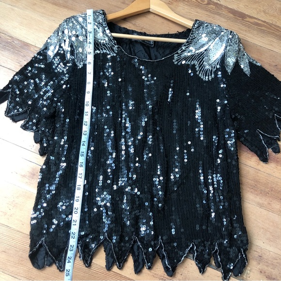 VTG ROYAL FEELINGS blouse Silk Bead sequin Black Silver DYNASTY SZ M 80s Formal - Picture 11 of 13